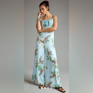 Anthropologie Hutch Ruched Jumpsuit Size 14 Tropical Beach Boho Wide Leg Swanky